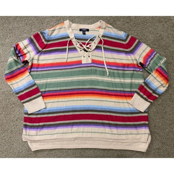 CHAPS Womens V-Neck Sweater Multi-Color Striped Long Sleeve Lace Up Rainbow 1X - Picture 3 of 9